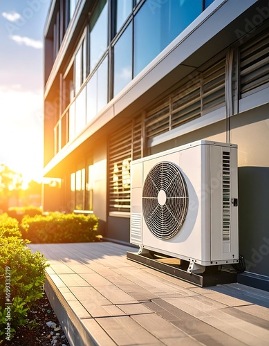 Modern building exterior with rooftop HVAC unit
