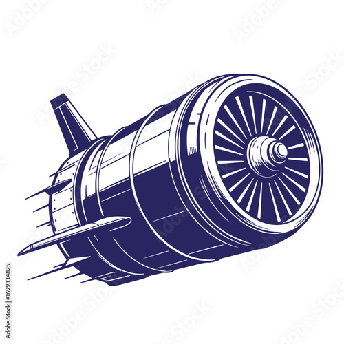Vector illustration of a detailed jet engine in flight against a white background
