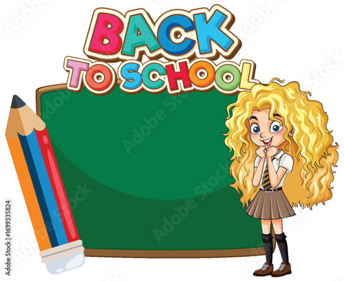 Smiling Schoolgirl with Chalkboard and Back to School Sign