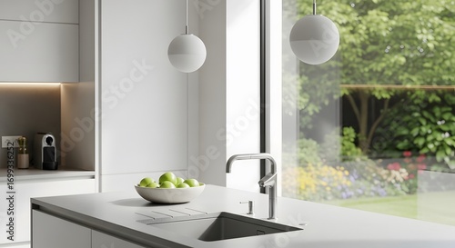 Bright, minimalist kitchen features white cabinets, a sleek sink, and a bowl of green fruits. Large window offers a view of a lush green garden. Soft natural light