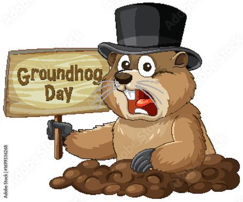 Cartoon Groundhog in Top Hat Holding Groundhog Day Sign