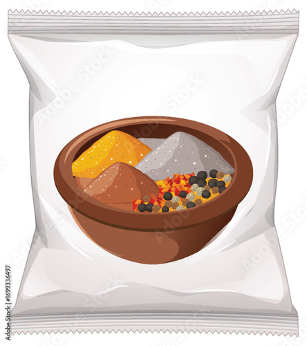 Spice Mix Bowl on Snack Packaging Vector Illustration