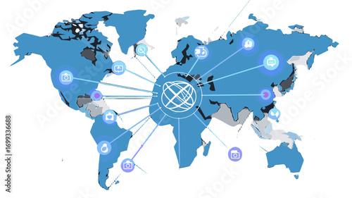Global network communication symbolized on a world map.