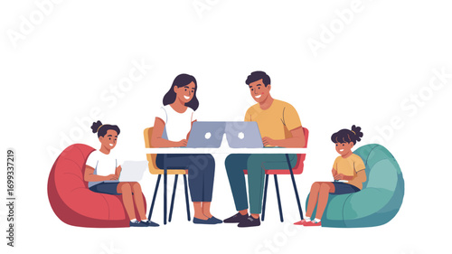A family, two parents and two kids, working or studying on laptops together.