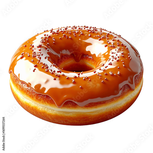 Sweet Glazed Donut Delight Isolated On White Background: A single, perfectly glazed donut with glistening, golden caramel frosting. capturing the essence of indulgence and simple sweetness.