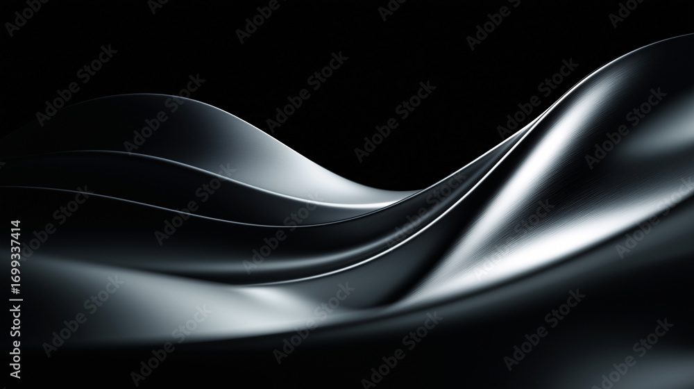 Obraz premium Abstract black waves with glossy metallic texture on a dark background, showcasing futuristic curves and dramatic light-shadow contrast. Ideal for tech branding, backgrounds, and digital design.