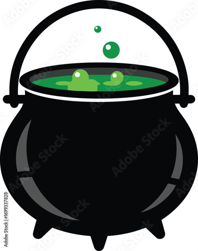A captivating pixel art illustration depicting a black cauldron bubbling with a vibrant green potion. Perfect for Halloween themes, game assets, or fantasy projects.
