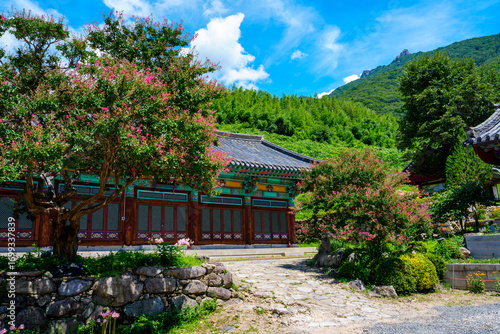 A view of Pyochungsa Temple, an old cultural heritage site in Miryang, Korea, with red Crape Myrtle flowers in full bloom in early summer.