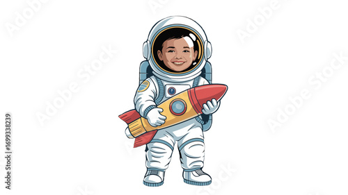 A child astronaut holding a rocket in a space suit.