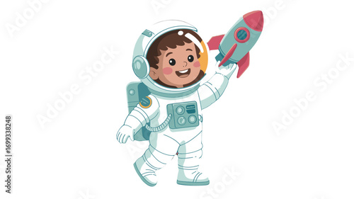 A cheerful astronaut child holding a rocket.