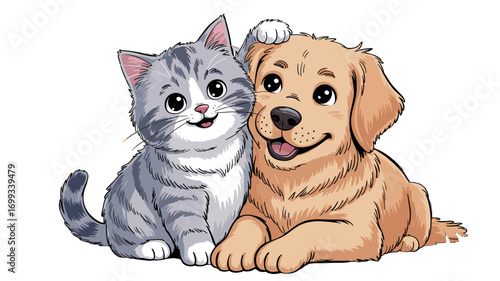 A loving moment between a kitten and a puppy.