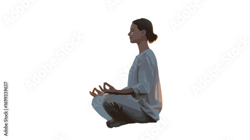 A serene moment of a woman meditating in a peaceful setting.