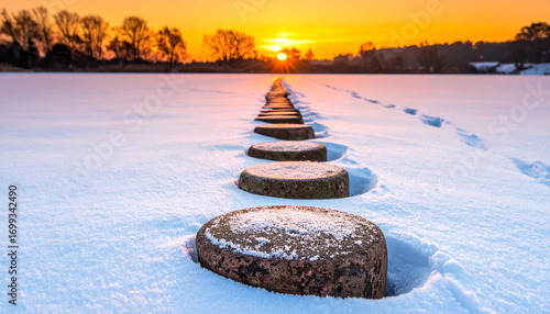 Winter Trail to Sunrise: A serene winter landscape features a row of stepping stones leading across a snow-covered terrain towards a vibrant sunrise.