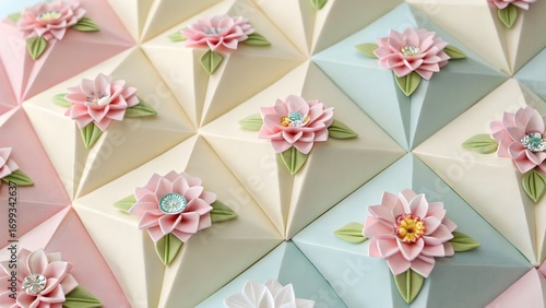 Floral-Accent Paper Diamonds. Paper diamond layers with tiny floral details—delicate pattern on pastel background.
