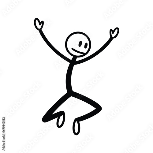 A simple, stylized stick figure illustration of a joyful person jumping with their arms raised high in the air, conveying happiness and celebration