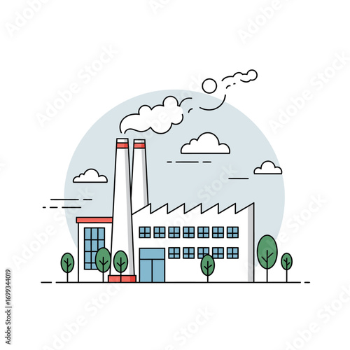 Flat line art illustration of an industrial factory building with smokestacks emitting smoke, surrounded by trees under a light blue sky.