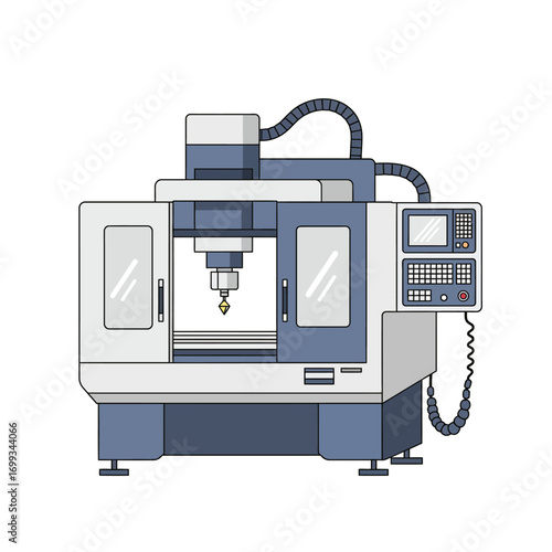 Illustration of a modern computer numerical control (CNC) milling machine for industrial manufacturing processes.