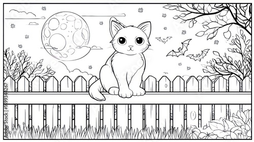 Halloween-themed coloring page with a cute cat and spooky elements