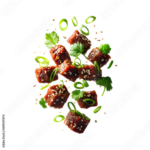 pieces of bulgogi beef marinated with sesame seeds and scallions suspended