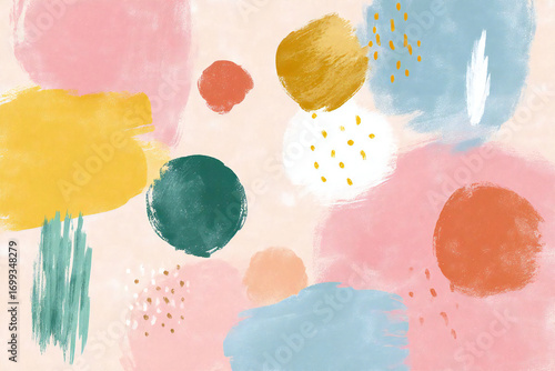 パステルカラーの抽象画、ブラシストロークと円の背景