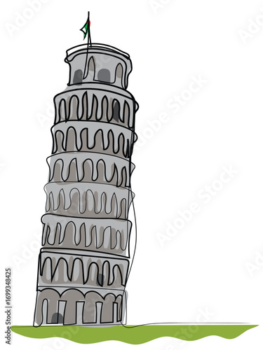 The Tower of Pisa in continuous line drawing on a white background.