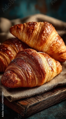 Freshly baked croissants on a wooden table with soft fabric backdrop in a cozy setting