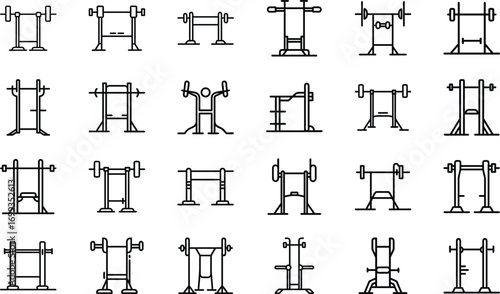 Collection of black line art icons of weightlifting racks and benches barbell