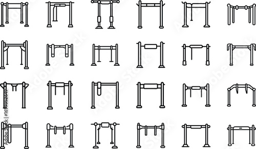 Collection of black line art icons of pull up bars and gym equipment vector