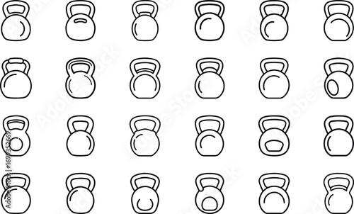 Collection of black line art kettlebell icons on white background weight fitness