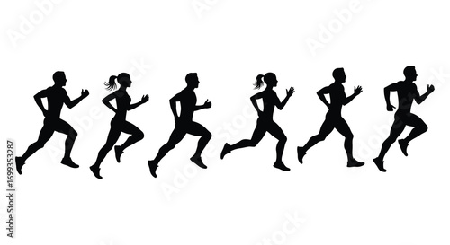a group of runners in various stages of stride