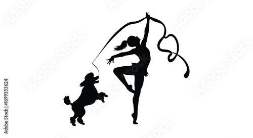 a graceful dancer performing with ribbon and playful dog silhouette