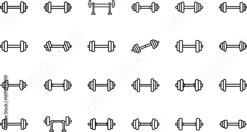 Collection of dumbbell and barbell line art icons on white background weight fitness