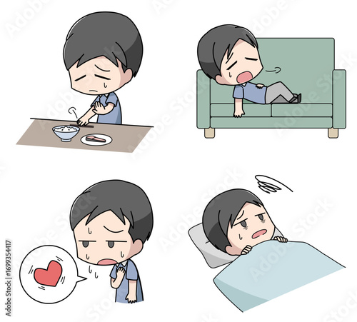 うつ病の身体的症状のイラスト4種類セット・男性