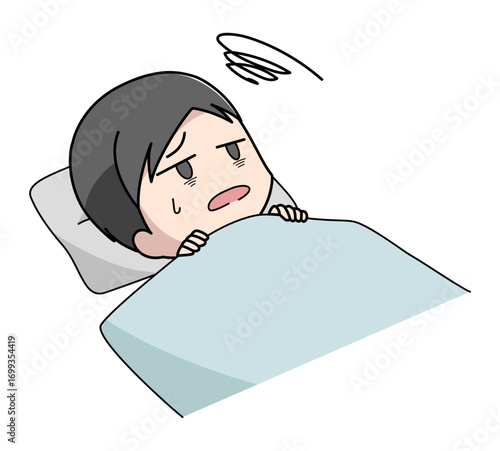 布団に入っても眠れない男性のイラスト
