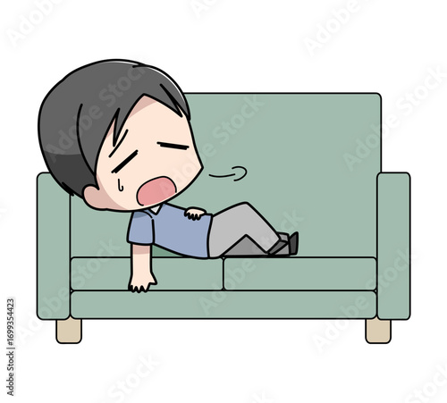 疲れてソファに横になる男性のイラスト