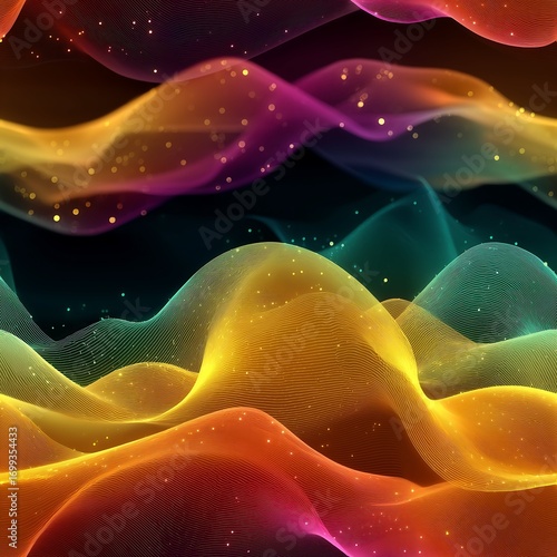 Colorful flowing waves with glowing particles on dark background