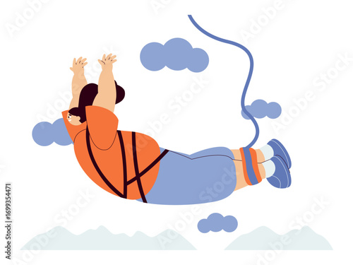 A young woman does bungee jumping challenge. Extreme Sports illustration. Flat vector illustration concept.