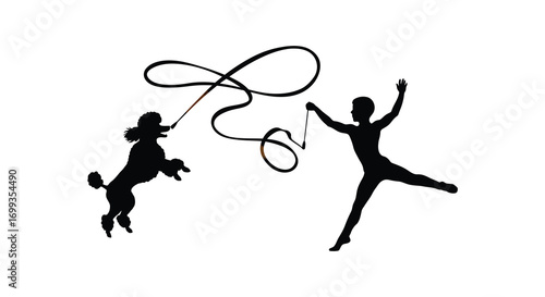 a silhouette of a dancer and a dog performing together
