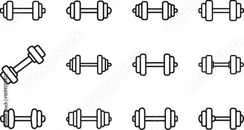 Collection of black line art dumbbell icons on white background weight fitness