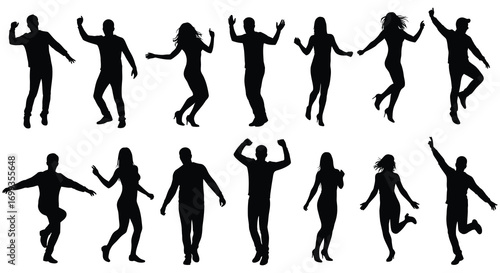 people silhouettes dancing jumping celebrating joyfully together