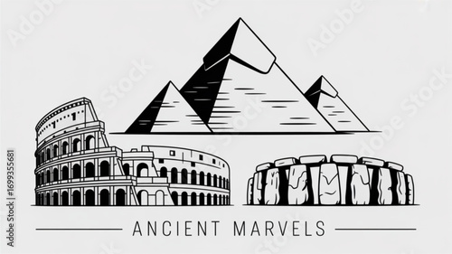 Ancient wonders of the world vector illustration featuring colosseum pyramids and stonehenge landmark design