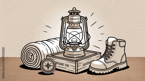 Camping gear essentials lantern compass sleeping bag and hiking boots for outdoor adventures and exploration