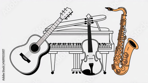 Illustration of musical instruments including guitar piano violin and saxophone for music education use