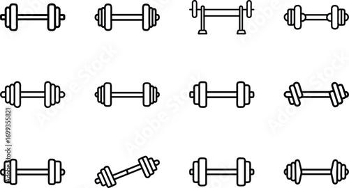 Collection of dumbbell and barbell line art icons on white background weight fitness 1