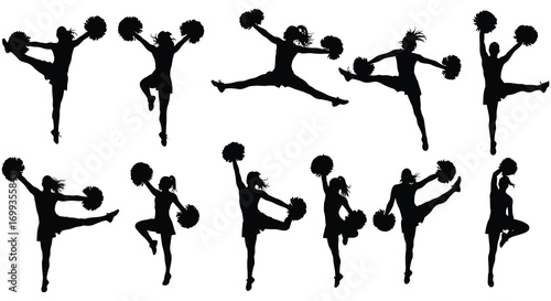 cheerleaders performing dynamic poses with pom poms and footballs