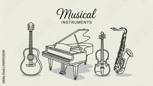 Musical instrument vector set featuring guitar piano violin and saxophone perfect for music education design 100