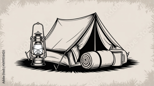 Camping adventure with tent, lantern, sleeping bag and mug illustration for outdoor and travel enthusiasts