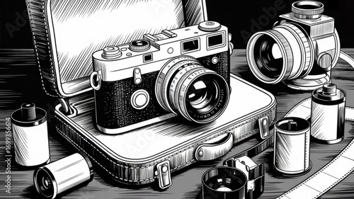 Explore vintage photography with classic cameras film rolls and camera bag illustration art design style