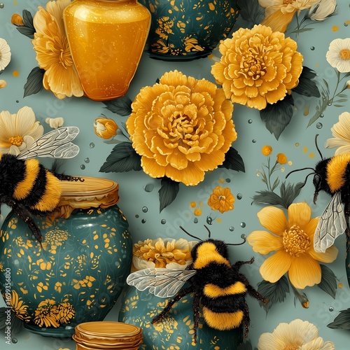 Honey bees on yellow flowers with jars of honey illustration