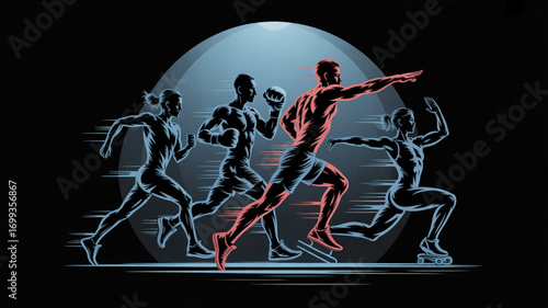Athletes in motion running boxing and roller skating fitness and sports illustration for competition 100m race